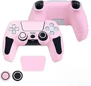 wigmoa XP-1 PS5 Controller Silicone Grip Cover Case with Thumb Grips, Joystick Protectors, and Anti-Slip Skin – Compatible with PS5. (Pink/Black)
