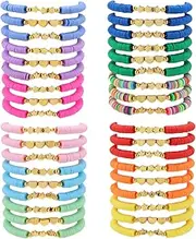 [Daigoo] 36 Pcs Golden Heart Crown Star Soft Clay Bead Bracelets for Girls Women Colorful Adjustable Bracelets Elastic Layering Friendship Bracelets Stackable Surfer Jewelry Party Birthday Presents