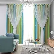 Kids Stars Blackout Curtains for Girls Boys Bedroom Living Room Window Drape Curtain Double Layer Curtains, (Green,52 inch Width 77 inch Length)