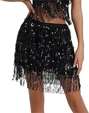 [Generic] Belly Dance Hip Scarf Halloween Costumes Belly Dance Sequins Tassel Bustier Sexy Beaded Performance Skirt Belly Dance Waist Belt(Black,Large)