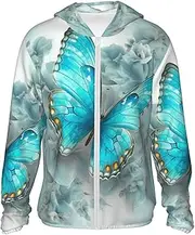 [LHBWCVN] UPF 50+ Light Jacket Full Zip Sun Protection Hoodie for Women Men Long Sleeve Light Blue Butterfly Sun Shirts