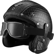 Jet Helmet Leather Vintage Helmet with Personalized Goggles Motorcycle 3/4 Open Helmet Fashionable Removable Liner Half Face Helmet Unisex DOT/ECE Approved