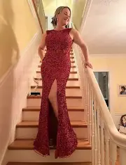 Red Hot Sequin Beaded Long Gown Jessica Rabbit Dress 8 Sexy NWT Slit Fitted