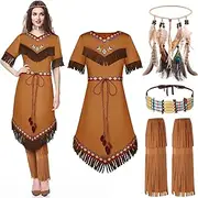 [Jadive] Halloween Women Native Outfits Set Indian Maiden Native Princess Dress up Costume