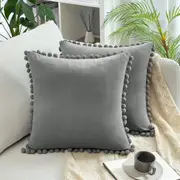 2x Square Throw Pillows with Cute Pom-poms for Couch Sofa Bedroom Decor (Inserts + Pillow Covers, Grey)