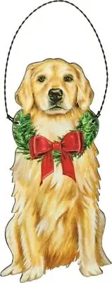 Handsome Christmas Golden Retriever Dog Wood Ornament Primitives by Kathy