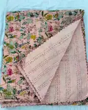 Cotton Indian Kantha Hand Block Print Bedspread Handmade Blanket King Size