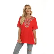 Women's Boho Shirt Floral Flower Casual Short Sleeve Elbow Sleeve V Neck Regular Tops Work Daily Going out Embroidered Red Summer