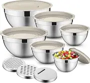 Stainless Steel Mixing Bowl Set of 6, P&P CHEF Nesting Mixing Bowls and Khaki Lids & 3 Graters for Salad Preparation, 6 Sizes - 4.6, 2.6, 2, 1.5, 1, 0.7 QT