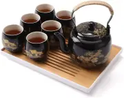 Japanese Tea Set, Black Porcelain Tea Set with 1 Teapot Set, 6 Tea Cups, 1 Tea T
