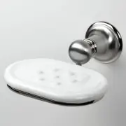 Franz Viegener Ceramic Soap Dish and Holder, Wall-Mount, Satin Nickel and Chrome