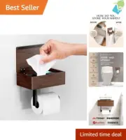 Wooden Wall Mount Toilet Paper Holder w/ Shelf Flushable Wipes Dispenser Storage