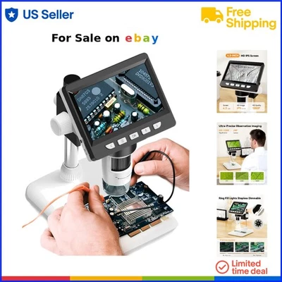 Digital Microscope 4.3-inch LCD 1000X Magnification LED Lights USB for Window...