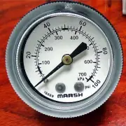Marsh Pressure Gauge 100 PSI, 700kPa 2" Dia face 1/4"MPT Center Back conn e0126