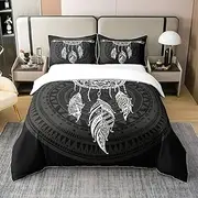 100% Cotton Dream Catcher Duvet Cover 200 x 200, Boho Dreamcatcher Feather Bedding Set for Girls, Black White Mandala Duvet Cover, Indian Arrow Geometric Aztec Bed Sets with 2 Pillowcases