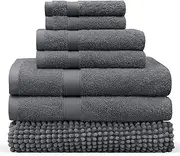 LINENOVA 7-Piece Bath Towel & Chenille Bath Mat Set – 100% Combed Cotton, 550GSM Soft, Absorbent & Quick-Dry Towels and Rugs for Daily Bathroom Use – Charcoal