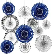 12PCS Navy Blue Silver Hanging Paper Fan Rosettes Party Garland for Boy Baby Shower Wedding Bridal Shower Graduation Bachelorette Celebrate Decoration