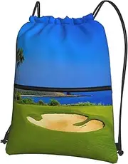 EdWal Golf Course Print Drawstring Backpack Gym Bags Sports Bags With Zipper Pocket For Travel Swimming Beach, Black, One Size
