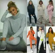 Tracksuit Women’s High Polo Roll Neck Side Slit Cable Knitted Top Bottom Set