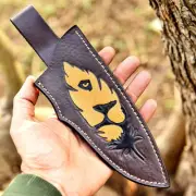 Hand Lion Engraved Fixed blade Knife Leather Sheath Holster belt Loop Knives
