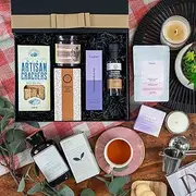 Tea Gift Set - Tea and Treats Deluxe Hamper - Luxury Tea Box - Tea Connoisseur's Delight - Green Tea, Ginger Tea, Tea Infuser, Cedarwood Cream, Bath Soak, Chocolate Chip Cookies, Truffle Oil, Candle and Sea Salt