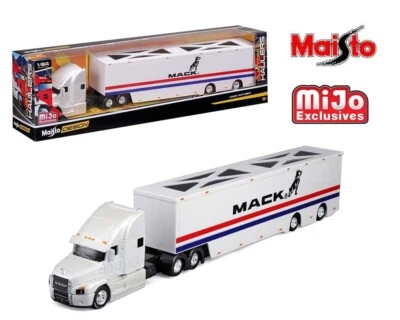 Maisto Design 1:64 Mack Anthem Enclosed Transporter White with Red Blue Stripes