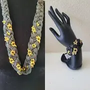 NEW CC Skye Braided Black Leather Gold Chunky Chain Necklace & Bracelet Set NWT