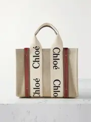 [Chloé] Chloé - + Net Sustain Woody Small Embroidered Leather-trimmed Linen Tote - Brown - One size One size Brown