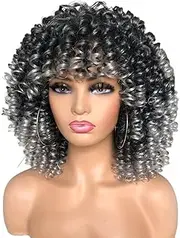 Short Curly Afro Wig with Bangs for Black Women Afro Curly Hair Wig Halloween Christmas Costume Party+Wig Cap