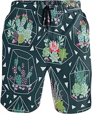 [GuoChe] Men's Novelty Beach Shorts Succulents Cactuses Inky Mexican Quick Dry Swimwear Sports Running Swim Board Shorts Mesh