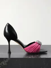 [Manolo Blahnik] Manolo Blahnik - Ansak 90 Crystal-embellished Pleated Suede And Leather Pumps - Black - IT40 IT 40 Black