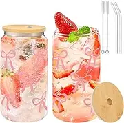 Forbabe Pack of 2 Glass Drinking Cups with Lid and Straw, 500 ml, Elegant Bow Cup for Coffee, Soda, Cocktails and More Pink Bow Glass Cups