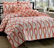 MAX STUDIO CORAL ORANGE WHITE LOOPING QUATREFOIL TWIN QUILT SET W / SHAM