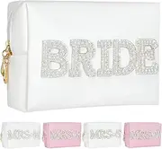 Aintmax Bride Patch Letter Makeup Bag for Women Bridal Shower Bridesmaid Engagement Gift Pearl Rhinestone Make Up Bag for Wedding Waterproof Travel Toiletry Pouch White Cosmetic Bag, White, Bride