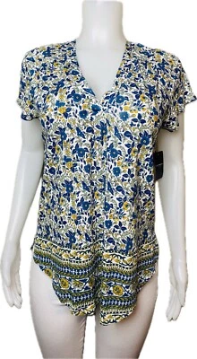 F. Lucky Brand Top L Multicolor Blouse Cap Sleeve V Neck High Low. NWT $39