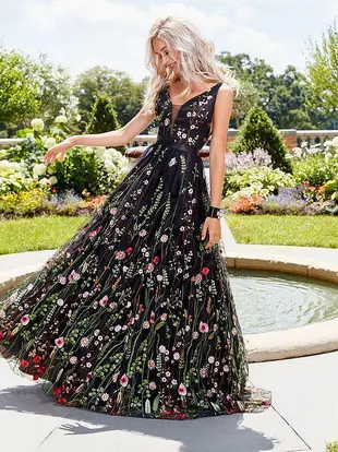 ebay2024歐美新品黑色繡花連身裙修身露背大擺舞會禮服長裙子洋裝