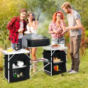 CostwayOutdoor Folding Grill Table with 2 Zippered Storage Organizers for BBQ