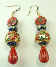 Cloisonne Red & Blue Floral Earrings Czech Red Flowers & Briolettes Handmade