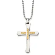 Stainless Steel Chisel Polished With 14K Gold Accent Diamond-Cut Cross Pendant On A 22 Inch Ball Chain Necklace