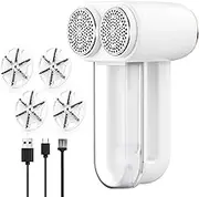 Coovee Double Head Lint Shaver Electric, LED Indicators, USB Electric Lint Remover, Rechargeable, Adjustable, 3-Way Speed, Fabric Clothing, Bed Linen, Furniture, White (Double Head)