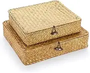 Set of 2 Flat Woven Wicker Storage Bins with Lid Natural Seagrass Basket Boxes Multipurpose Home Organizer for Shelf Organizer. (Caramel, Small+Large)