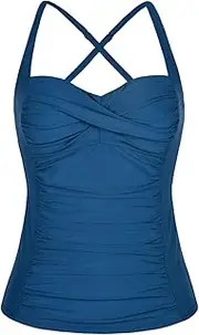 [Mycoco] Women's Front Tie Swim Top Cross Back Tankini Top Flowy Swimdress Tummy Control