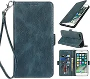 Cavor Luxury PU Leather Wallet for iPhone 7 Plus Case for iPhone 8 Plus Flip Cover with Kickstand Feature Card Slots Holder Wrist Strap Magnetic Closure RFID Blocking Protective Phone Case-Navy Blue