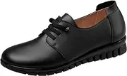 [XIEPP] Women's Leather Oxfords Laces Moccasin with Flat Heel and Round Toe, Black, 5