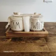 Brand New Rae Dunn JAM & JELLY Set with lids and spoons on wood tray