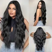 Women's Wig Long Wavy Wig Middle Portion Curly Wavy No Glue Wig Heat Resistant Fiber Synthetic Curly Wig for Daily Use (Black, 28 inch)