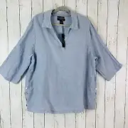 Tahari Linen Blouse Top Tunic Side Buttons Boho Womens Sz 2X Blue 3/4 Sleeve NWT