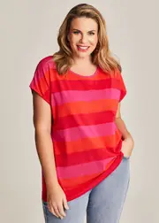 [Virtuelle] Taking Shape Cotton Block Stripe Top Size 16 in HOT Pink Multi - Plus Size Women's Clothing Hot Pink Multi