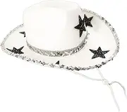 [CELECH] Versatile Western Style Cowboy Hat,Unisex Sunhat Fedora Hats Wide Brim Cowgirl Hat JazzHat Pentagram Embellishment Cowgirl Hat for Festivals Fancy Dress Cosplay Music Concerts White