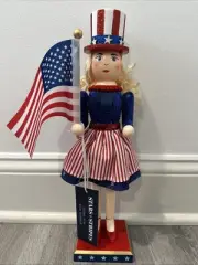 NUTCRACKER Lady America Hold America Flag W American Hat Rare 4 Of July Decor
